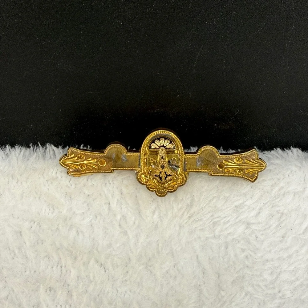 Vintage Victorian Bar Brooch Gold Tone Heraldic Crest Etched